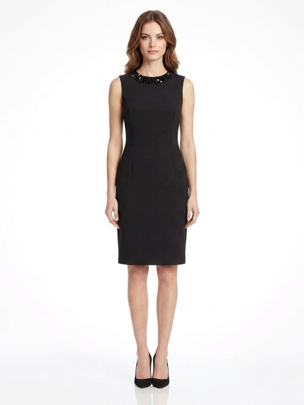 Calvin Klein Bejeweled Neckline Ponte Knit Sleeveless Sheath Dress- Sz. 6